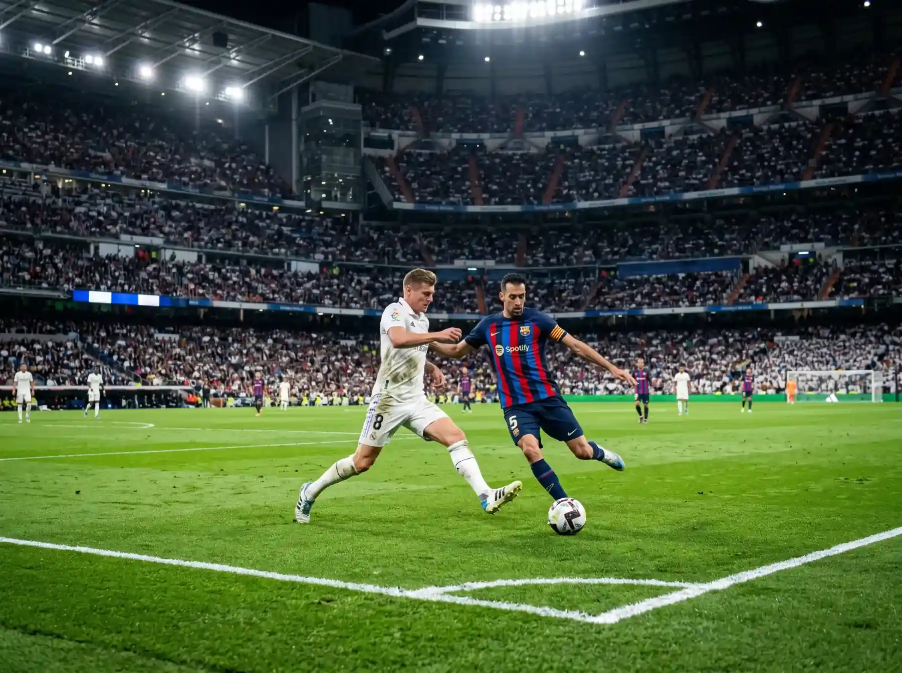 Jugadores del Real Madrid y del Barcelona disputando un balón en el centro del campo durante un Clásico