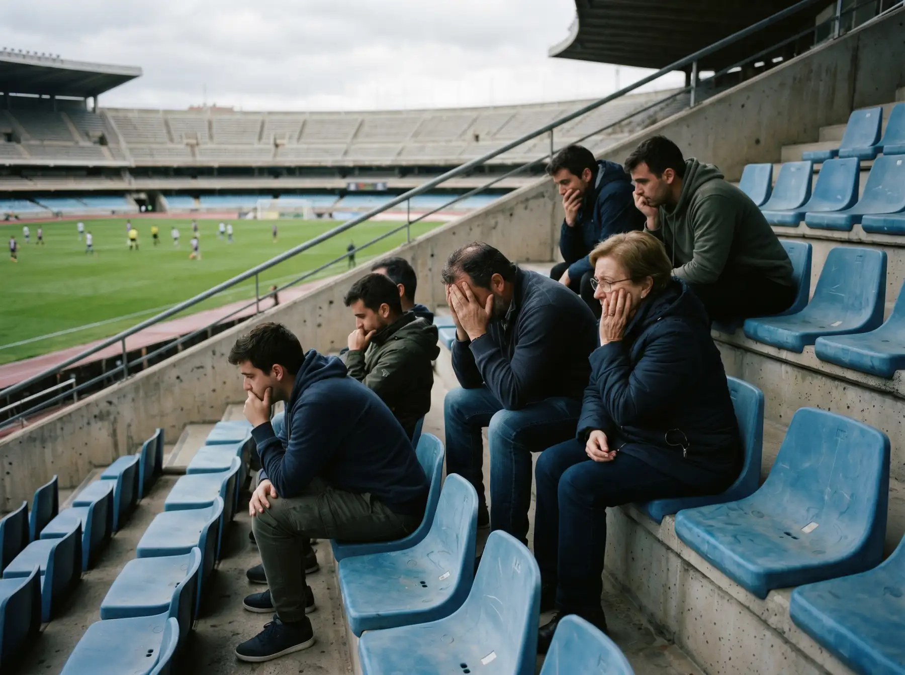 Aficionados cabizbajos en las gradas de un estadio de LaLiga en un partido por la permanencia