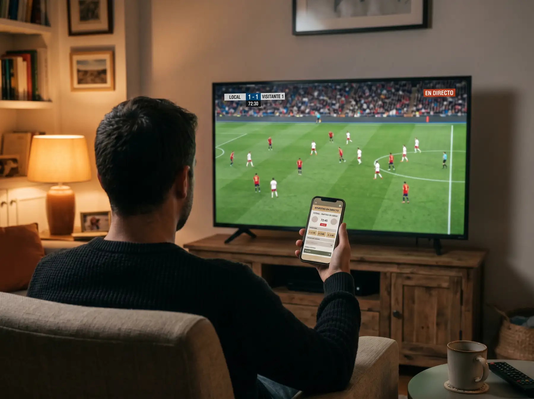 Espectador siguiendo un partido de LaLiga en vivo en un dispositivo móvil mientras observa las cuotas cambiar